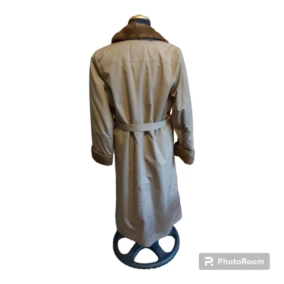 London Towne trench coat tan w brown faux fur belted vintage 12Reg womens - Picture 3 of 11